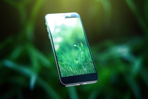 Photo illustration de téléphone portable avec verdure sur fond vert d'écran ai générative