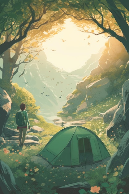 Illustration de la tente de camping d'été en montagne dans la forêt générative d'IA