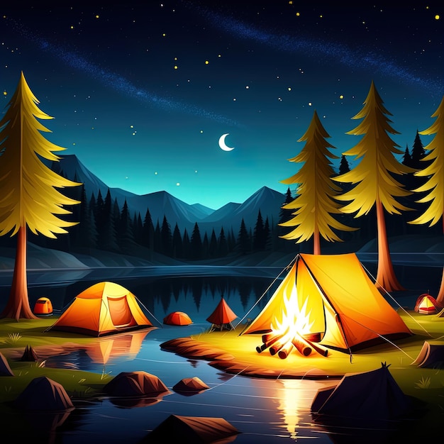 illustration de tente de camping et feu de joie sur fond de paysage nocturneillustration de cam