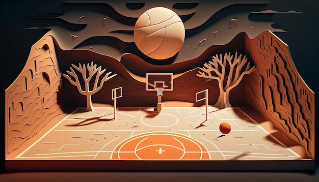 Illustration d'un terrain de basket dans un style découpé en papier Generative AI