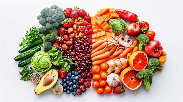 Une illustration de la tête avec le cerveau fait de fruits, de légumes et d'autres aliments sains sur un b blanc