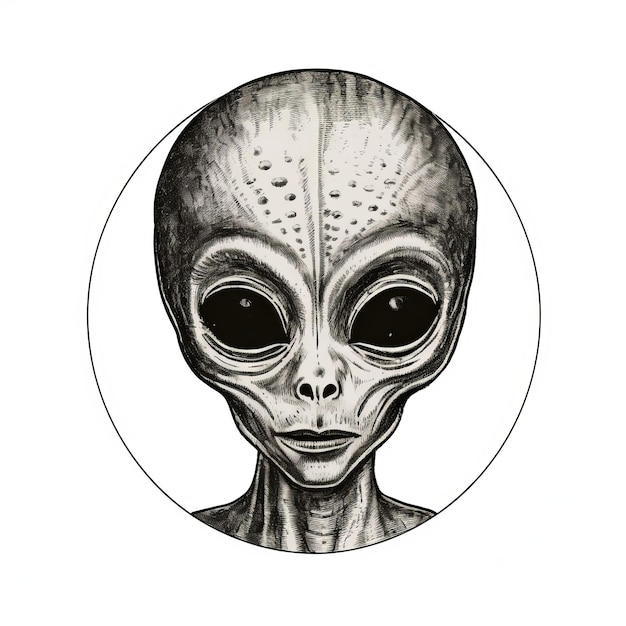 Illustration de la tête d'un extraterrestre dans le style grisaille Tondo Laurie Lipton gravures sur bois clair-obscur