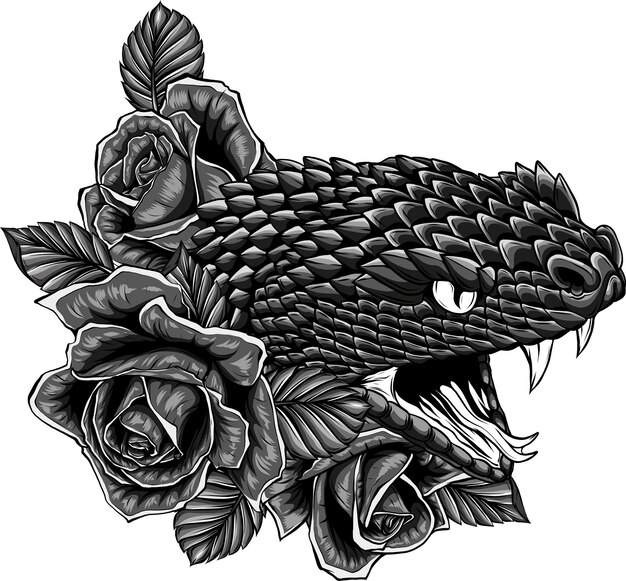 Photo illustration d'une tête de serpent avec des roses