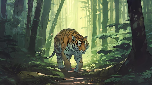 illustration de tigre marchant dans la forêt