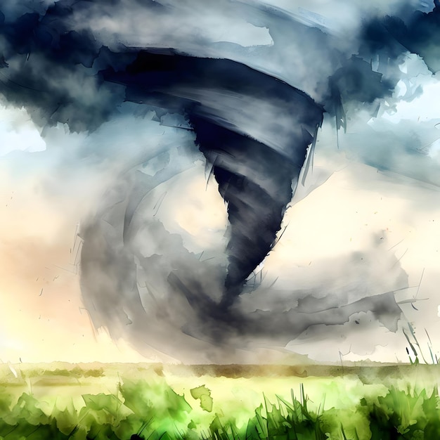 illustration tordue énorme tempête de tornade effets sur l'herbe ouverte champ terre peinture à l'aquarelle