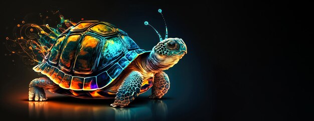 Illustration d'une tortue de mer colorée isolée sur fond noir IA générative