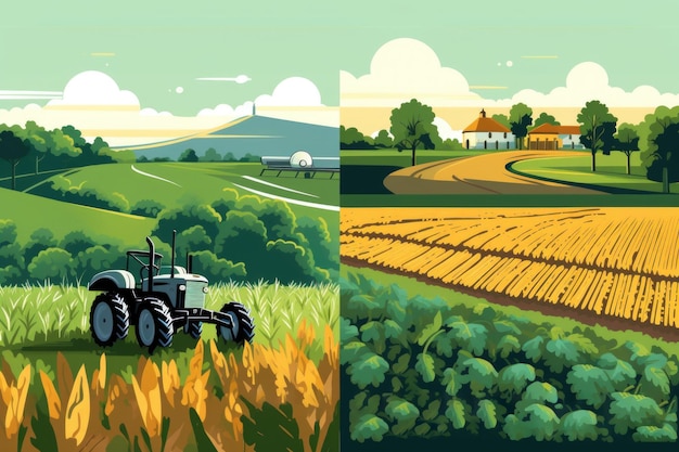 Illustration des tracteurs de récolte, des arbres de campagne et des vecteurs agricoles