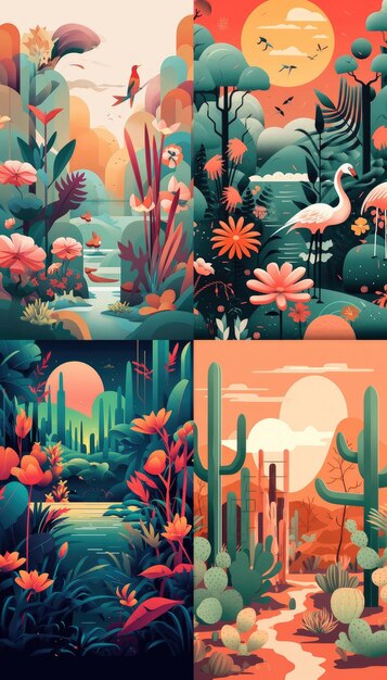 Illustration trait noir d'une page de destination pour un site Web paysage fleur animaux arbre ai génératif