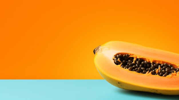 Photo illustration d'une tranche de papaye isolée à fond pastel copier l'espace