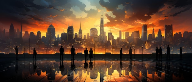 Photo illustration travail d'équipe d'un groupe de personnes debout devant un paysage urbain