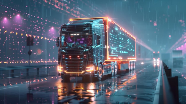 Illustration tridimensionnelle d'une scène de camion futuriste à une intersection avec des wireframes