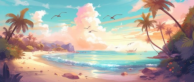 Illustration tropicale colorée lumineuse de la plage de sable avec des palmiers fleurs océan Ai généré