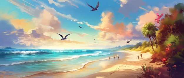 Illustration tropicale colorée lumineuse de la plage de sable avec des palmiers fleurs océan Ai généré