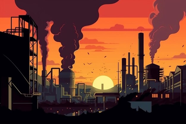 illustration d'une usine avec de la fumée qui en sort ai générative