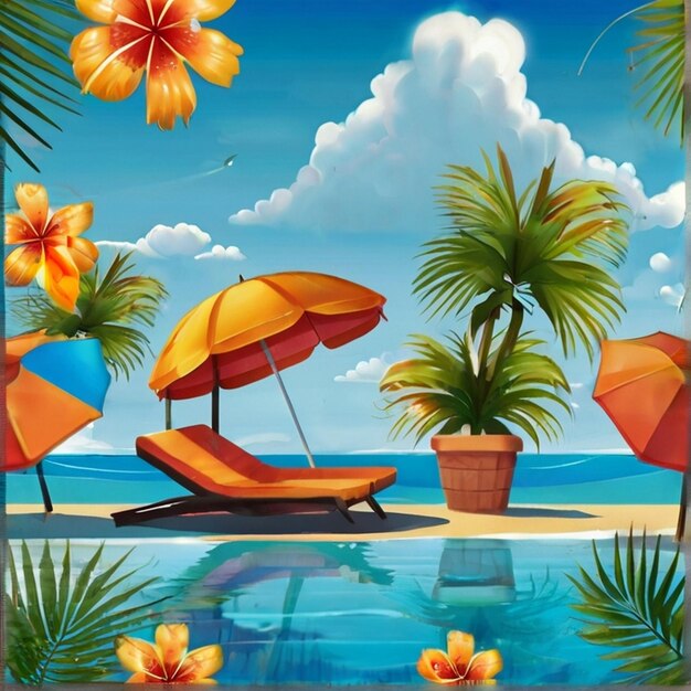 Illustration de vacances d'été sur fond bleu ciel avec des éléments de plage et une fleur tropicale