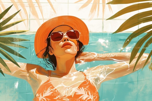 une illustration de vacances de natation avec une jolie femme dans un chapeau se prélassant dans la piscine