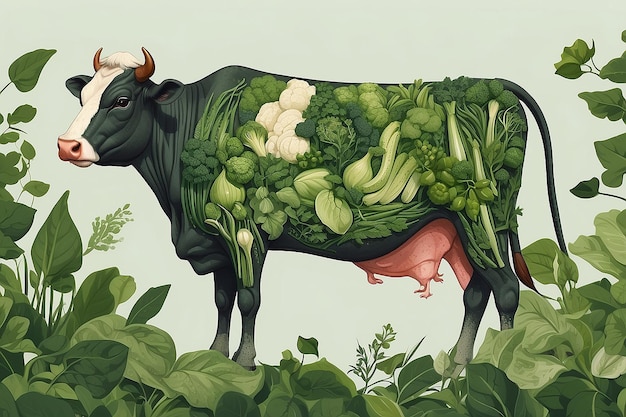 Photo illustration d'une vache faite de légumes verts luxuriants et de feuilles ia générative
