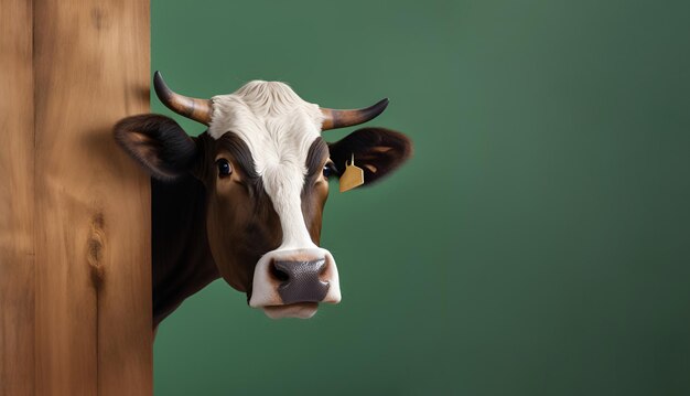 Illustration d'une vache regardant derrière une clôture en bois sur fond vert