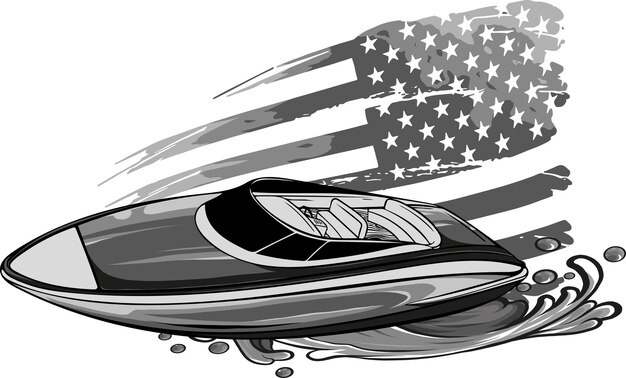 illustration de vagues de mer de speedboat avec drapeau américain