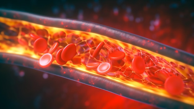 Une illustration d'un vaisseau sanguin et d'une veine avec des globules rouges.