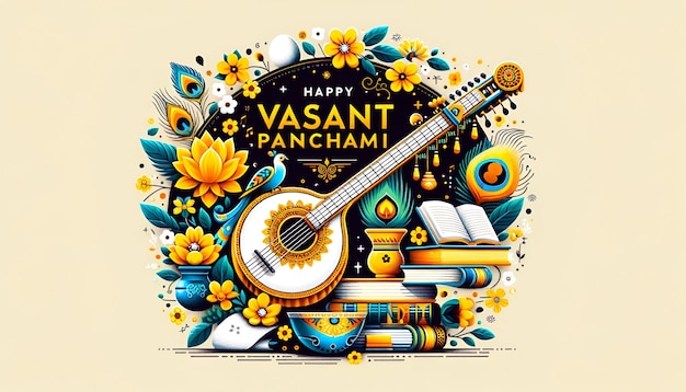 Illustration de Vasant Panchami avec un veena et une décoration dans un style plat