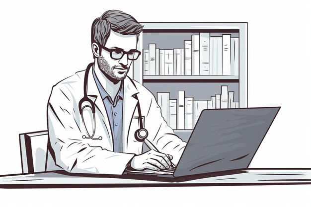 illustration de Vector un médecin utilisant l'ordinateur portable dessiné à la main