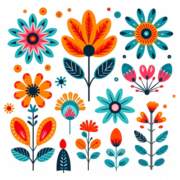 Illustration vectorielle 2D ensemble de fleurs et de feuilles colorées