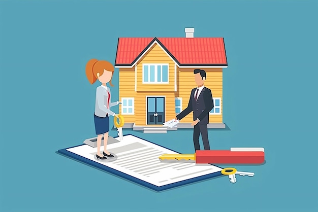 Illustration vectorielle d'un agent immobilier donnant les clés d'une nouvelle voiture à un client signant un contrat
