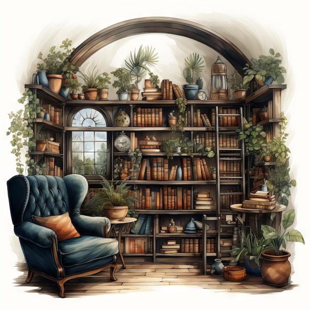 Illustration vectorielle à l'aquarelle d'une bibliothèque domestique