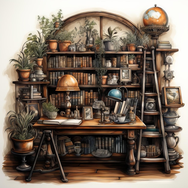 Illustration vectorielle à l'aquarelle d'une bibliothèque domestique