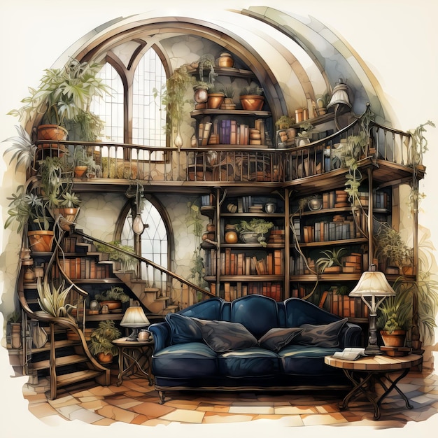 Illustration vectorielle à l'aquarelle d'une bibliothèque domestique