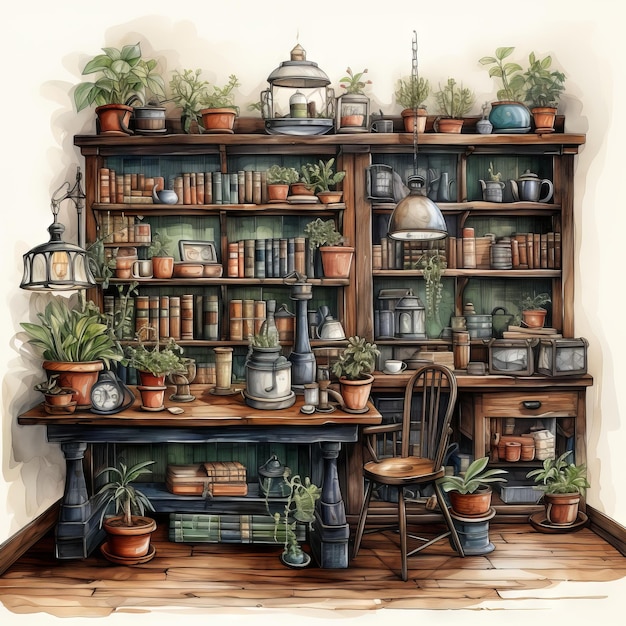 Illustration vectorielle à l'aquarelle d'une bibliothèque domestique