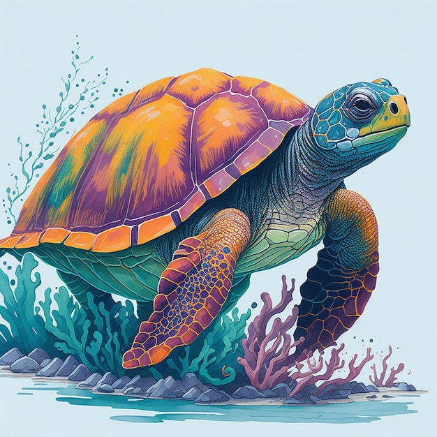 Illustration vectorielle aquarelle tortue de mer colorée