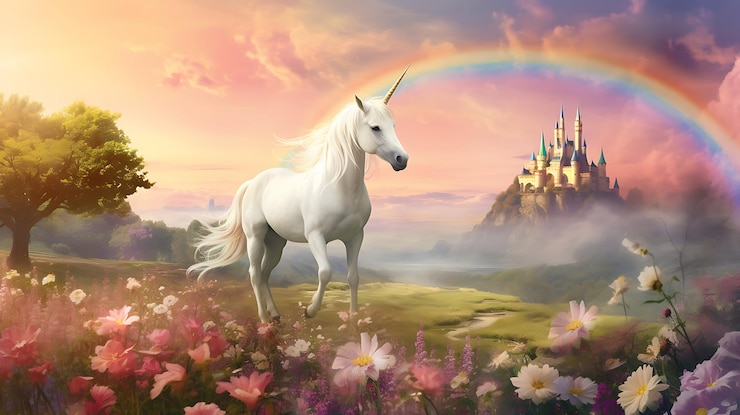 Photo illustration vectorielle d'une belle fée et d'une licorne dans une lumière étincelante avec un fond forestier flou