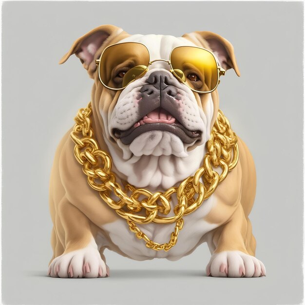 Illustration vectorielle d'un bulldog mignon et heureux portant une chaîne dorée de lunettes de soleil avec un fond de coucher de soleil