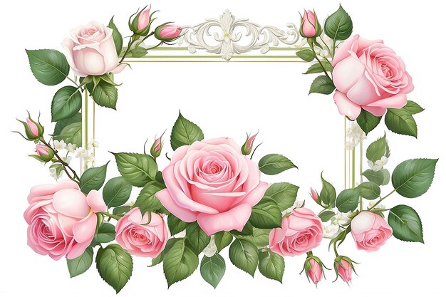 Photo illustration vectorielle d'un cadre vintage avec des roses roses et blanches, des bourgeons de rose et des feuilles vertes sur un fond blanc