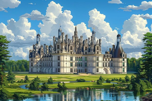 L'illustration vectorielle capture le château de Chambord par une journée d'été claire se reflétant dans les eaux du lac.