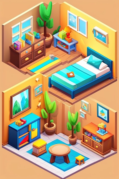 une illustration vectorielle d'une chambre d'enfant avec un lit et une table avec un panier et les autres jouets.