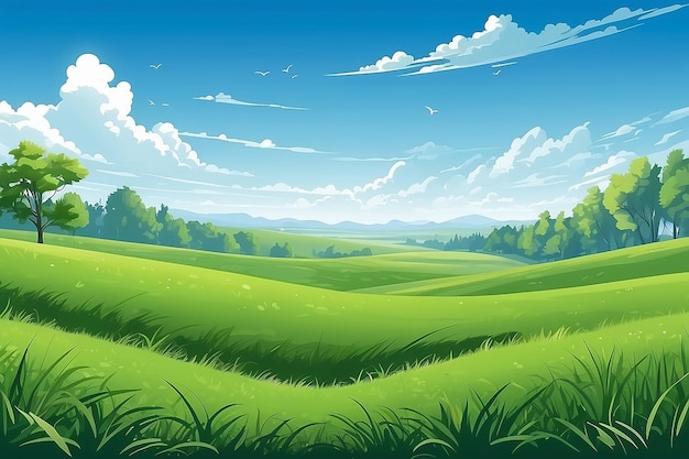 Illustration vectorielle champ vert herbeux et ciel bleu