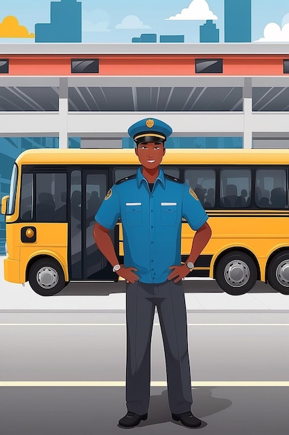 Une illustration vectorielle d'un chauffeur de bus debout devant le bus à un terminal de bus