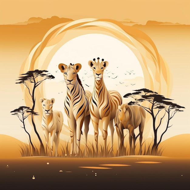 Illustration vectorielle de chiens sauvages africains et de zèbres dans la savane au coucher du soleil