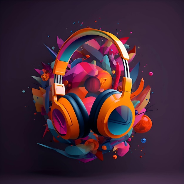 Illustration vectorielle colorée avec des écouteurs et des formes abstraites sur fond sombre Concept musical