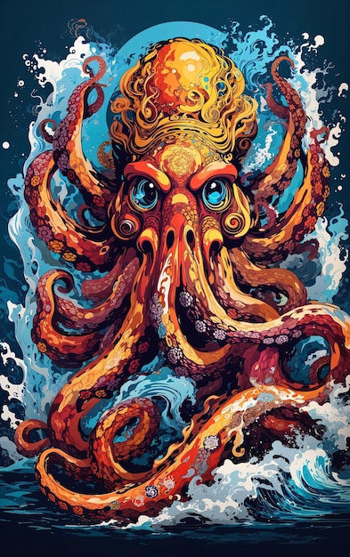 Illustration vectorielle colorée de Kraken pour la conception de t-shirts