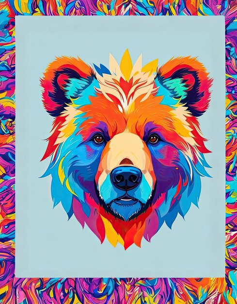 Illustration vectorielle colorée de la tête d'un ours sur un fond multicolore