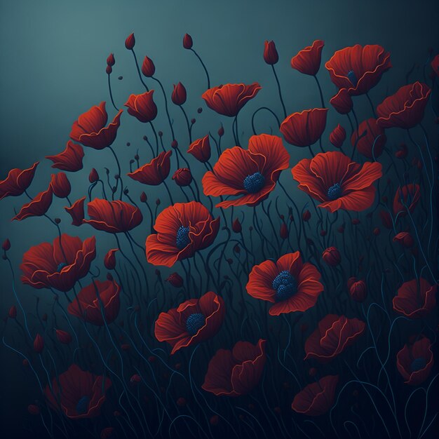 Une illustration vectorielle de coquelicots rouges sur fond sombre.