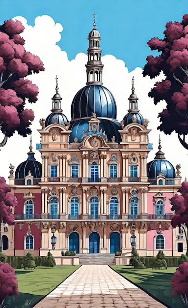 Illustration vectorielle en couleurs du magnifique palais, point de repère architectural du XVIe au XVIIIe siècle