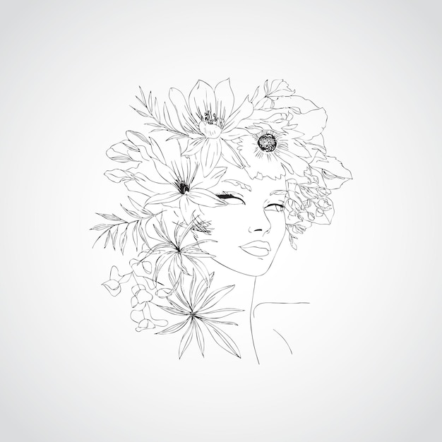 Illustration vectorielle de dessin de lignes de fleurs sur le visage d'une femme