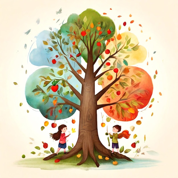Photo illustration vectorielle de dessin à la main d'arbres représentant les quatre saisons image d'arbre unique