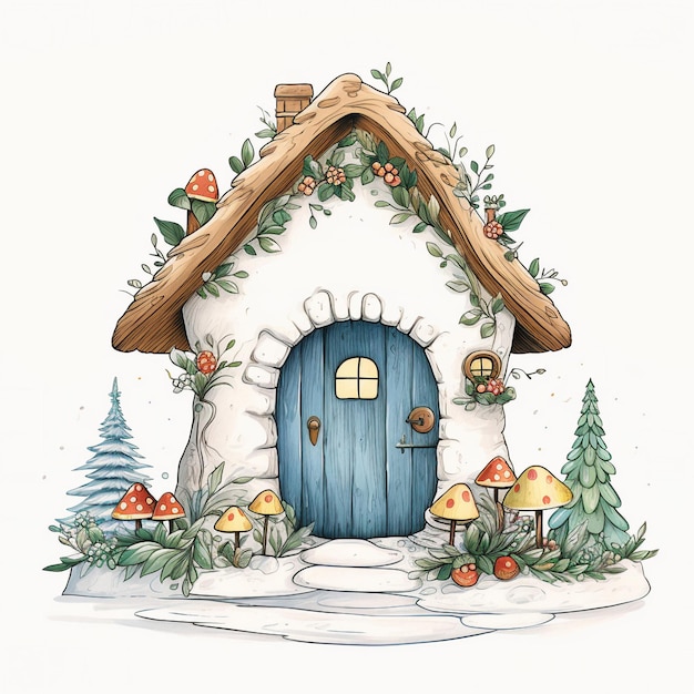 Photo illustration vectorielle dessinée à la main d'une maison de conte de fées avec une porte en bois