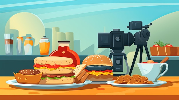 Photo illustration vectorielle du blog vidéo de dessins animés sur la nourriture
